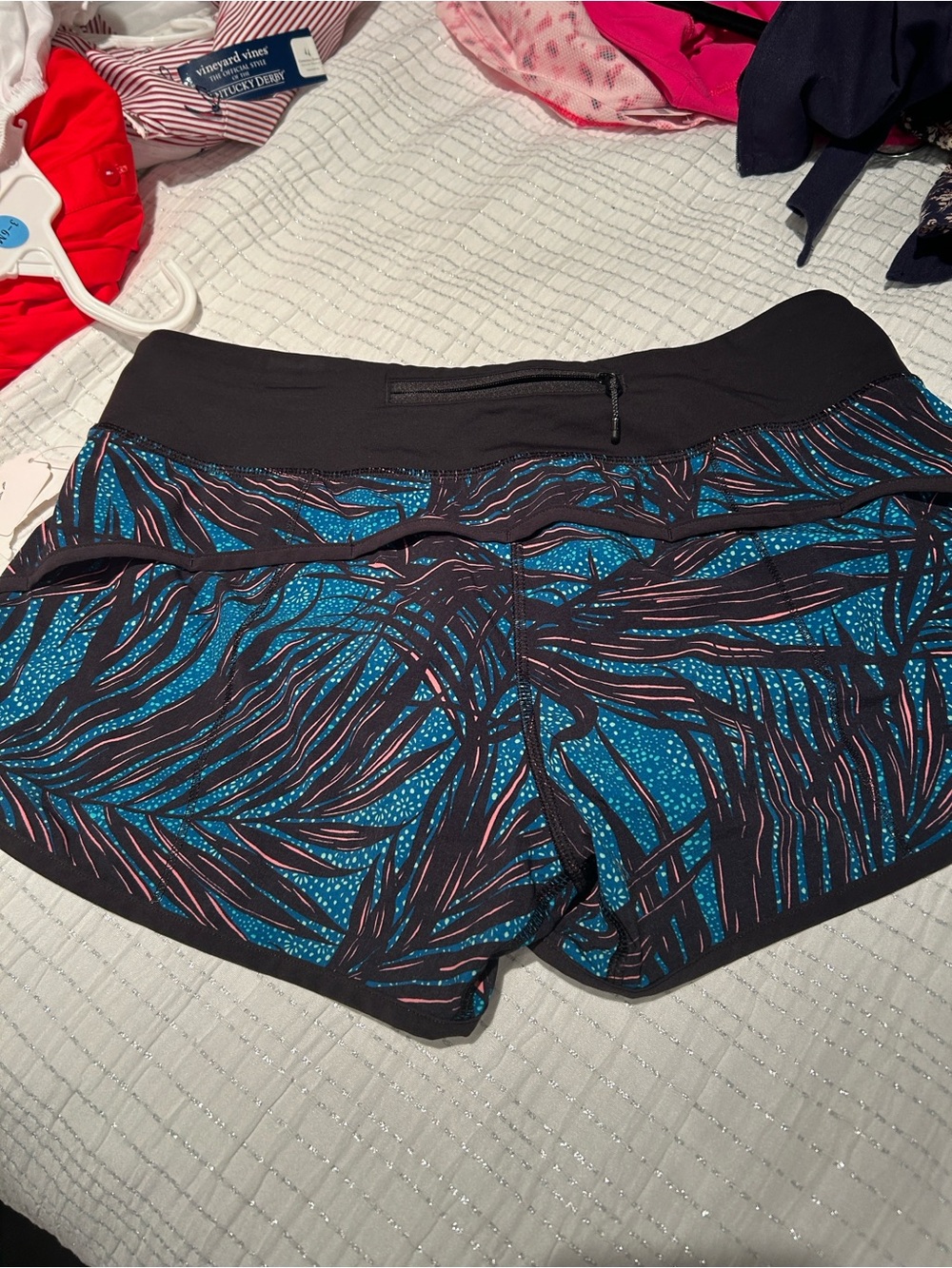 Women’s Athletic Running Shorts - Black and Teal Print - Picture 3 of 5